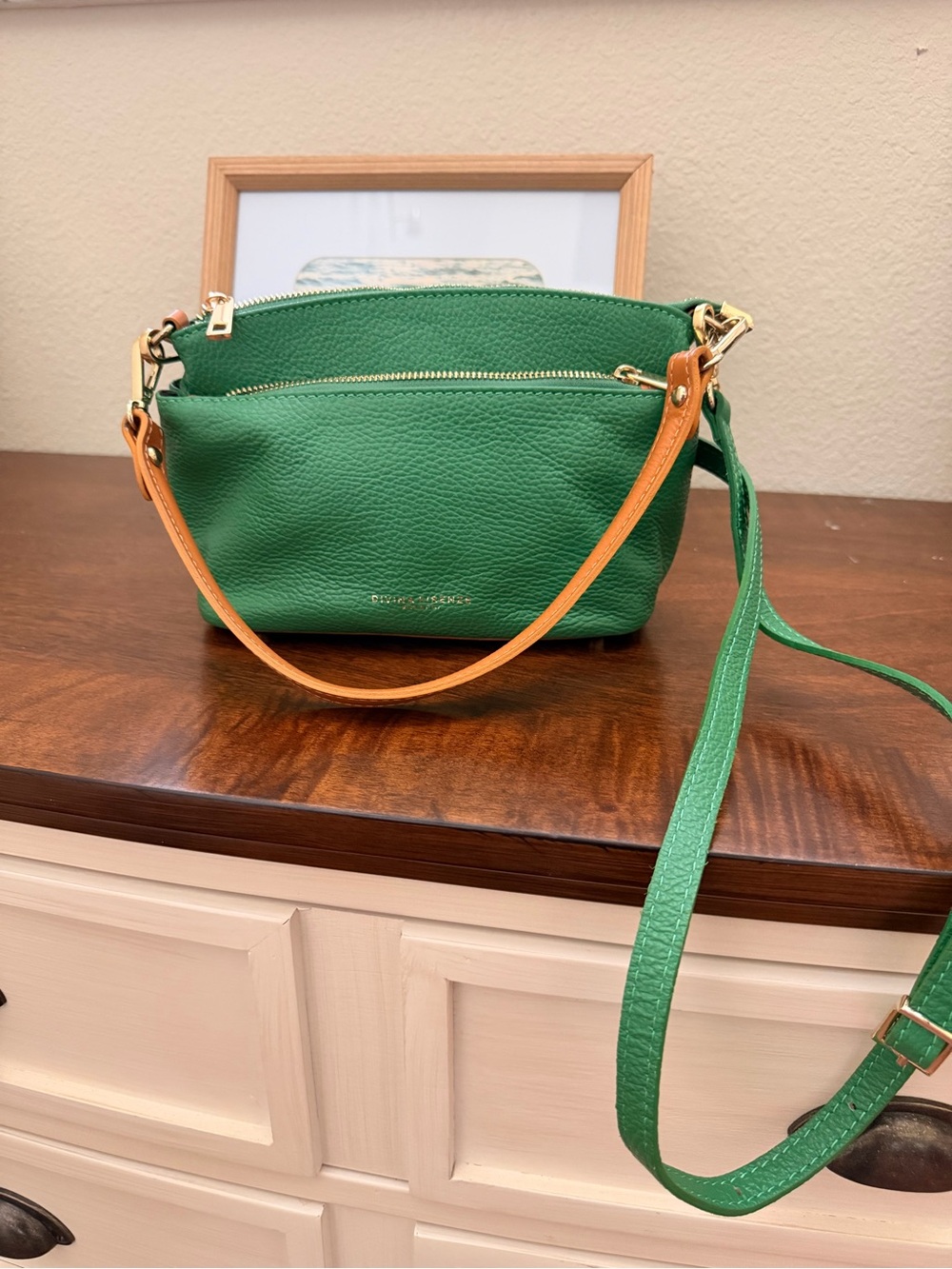 Green Leather Crossbody Bag with Tan Strap